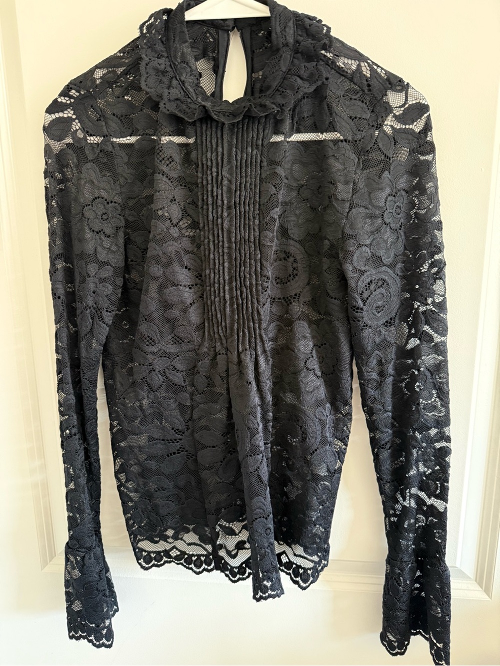 J. Crew Black Floral Lace Pintuck High-Neck Blouse- 00